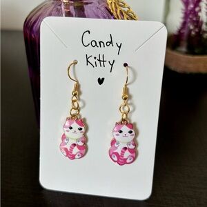 🔴 SOLD Candy Kitty Earrings – Pink Cat Dangle • Cute Handmade Kawaii Jewelry